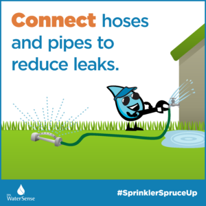 A whimsical graphic of a water droplet holding a hose, with the words "Connect hoses and pipes to reduce leaks," for a post about Sprinkler System Tune-ups from Lehigh County Authority.