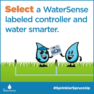 A whimsical illsutration of two water droplets as one buys a WaterSense controller, for a blog on Sprinkler Spruce-Ups for Lehigh County Authority.