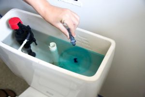A picture showing how to use food coloring to detect a toilet tank leak. 